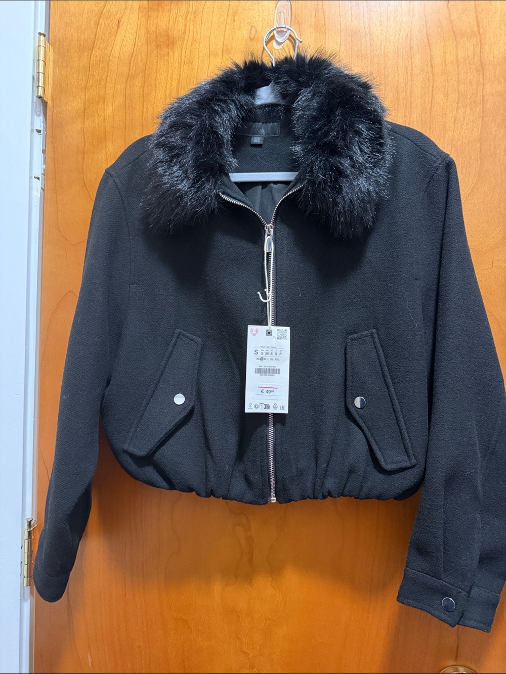 Zara Black Faux Fur Collar Zip Bomber Jacket